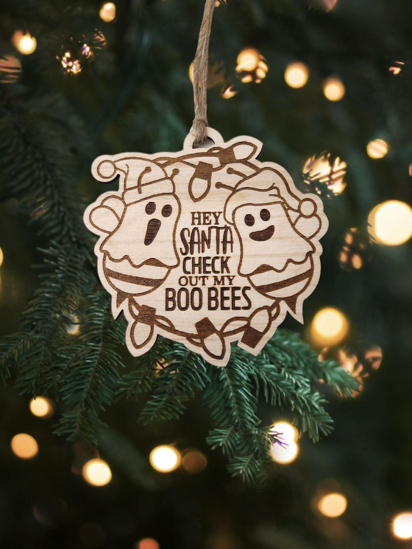 Add a buzz of laughter to your Christmas tree with our Handmade Wooden Funny Christmas 'Boo Bees' Ornament!