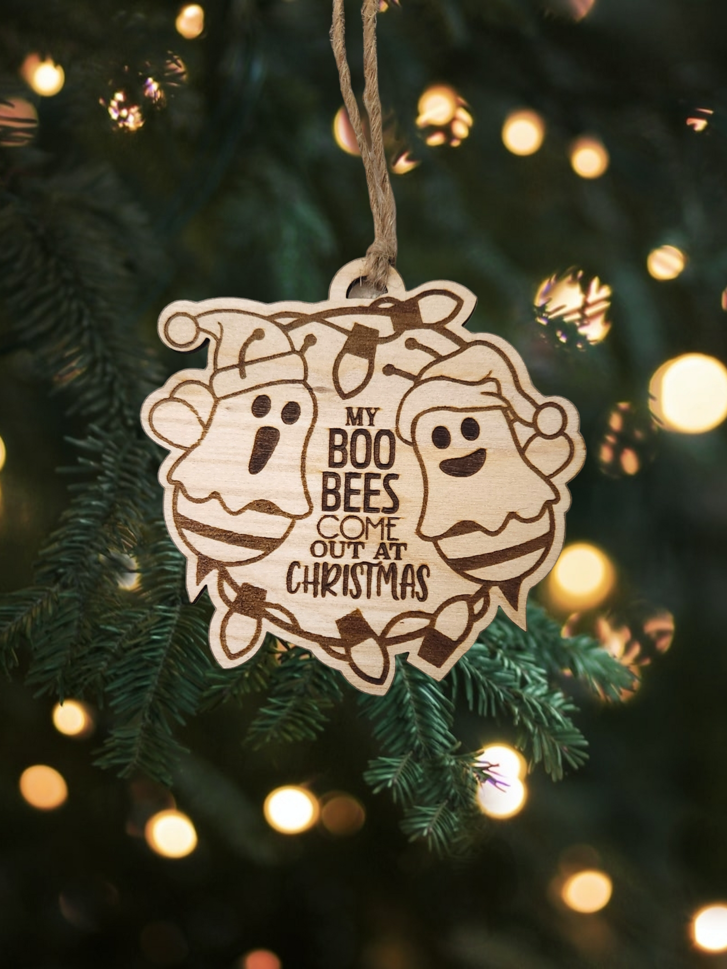 Add a buzz of laughter to your Christmas tree with our Handmade Wooden Funny Christmas 'Boo Bees' Ornament!