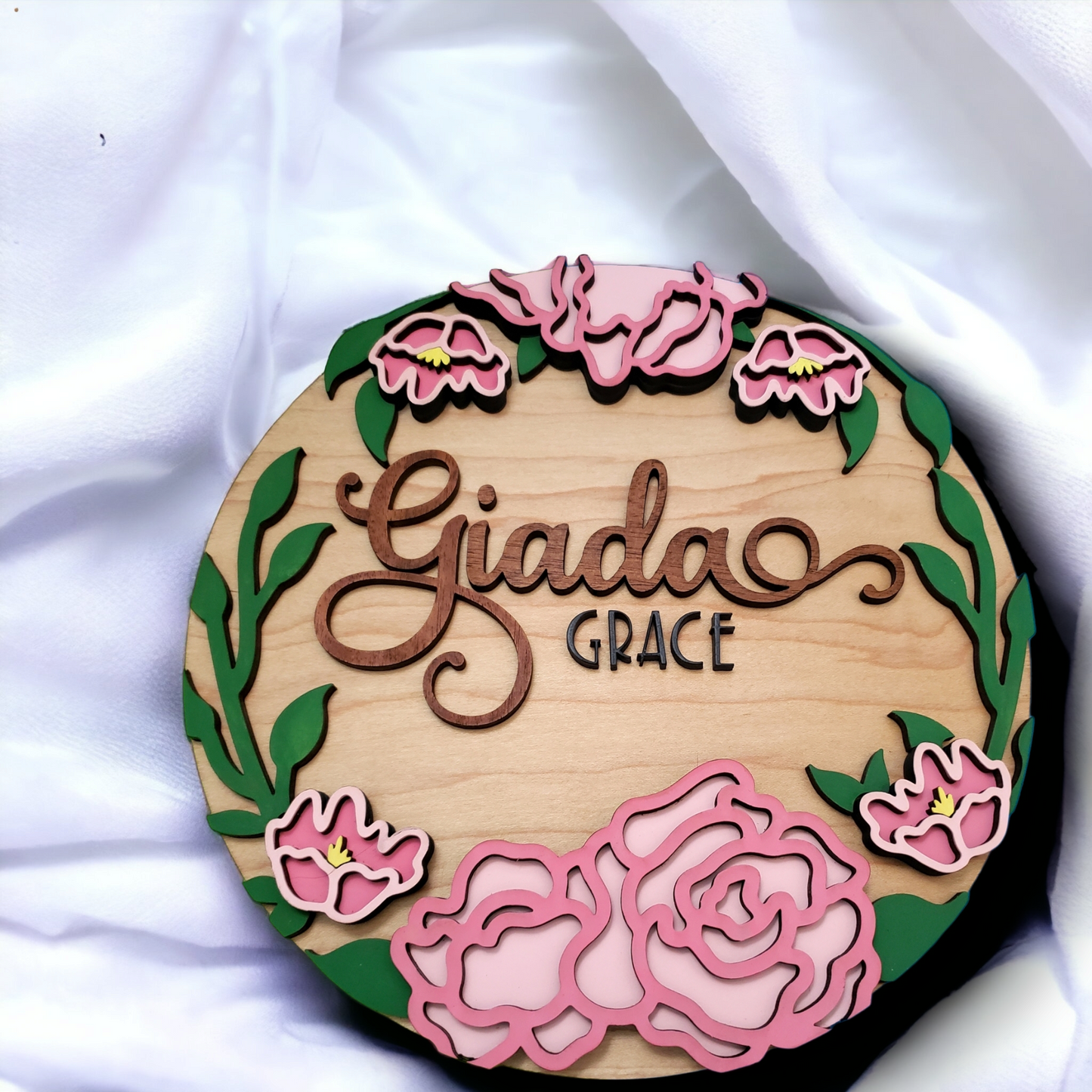 Enchanting Blossoms: Handcrafted Wooden Floral Nursery Round, Custom-Made for Your Little One