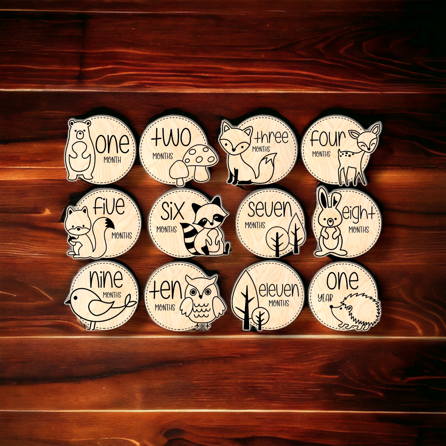 Nature's Milestone Companions: Handcrafted Wooden Wildlife Animal Milestone Markers