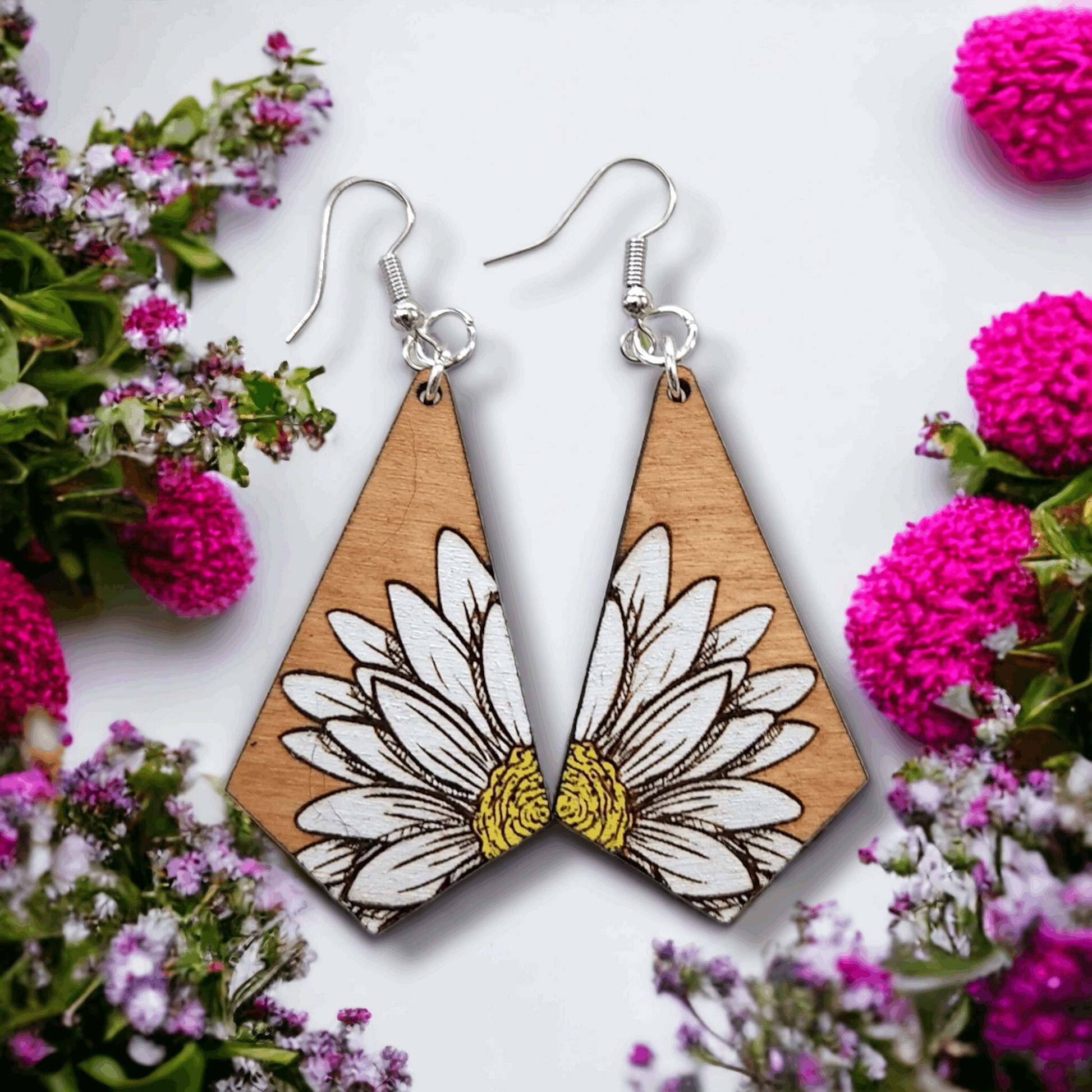 Adorn Yourself with Blooming Beauty! Handmade Wooden Geometric Daisy Earrings