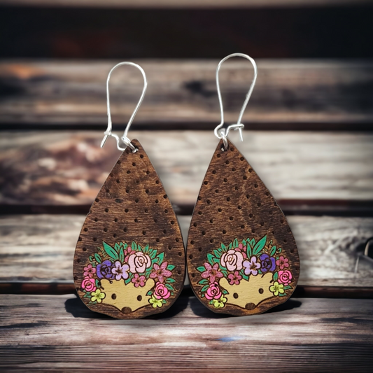 Embrace Whimsical Elegance with Handmade Wooden Floral Hedgehog Earrings!