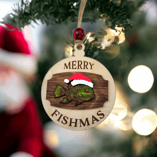 Dive into Holiday Cheer with Our Handmade Wooden Merry Fishmas Funny Ornament (Customizable)