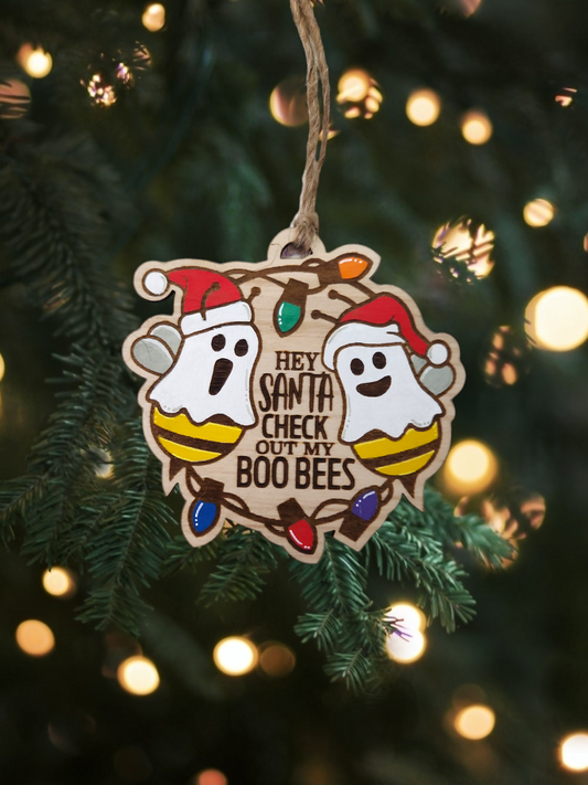 Add a buzz of laughter to your Christmas tree with our Handmade Wooden Funny Christmas 'Boo Bees' Ornament!